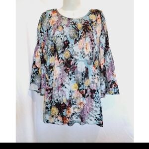 Spense Blue Multi-color Floral Bell Sleeve smocked boho Renaissance Blouse